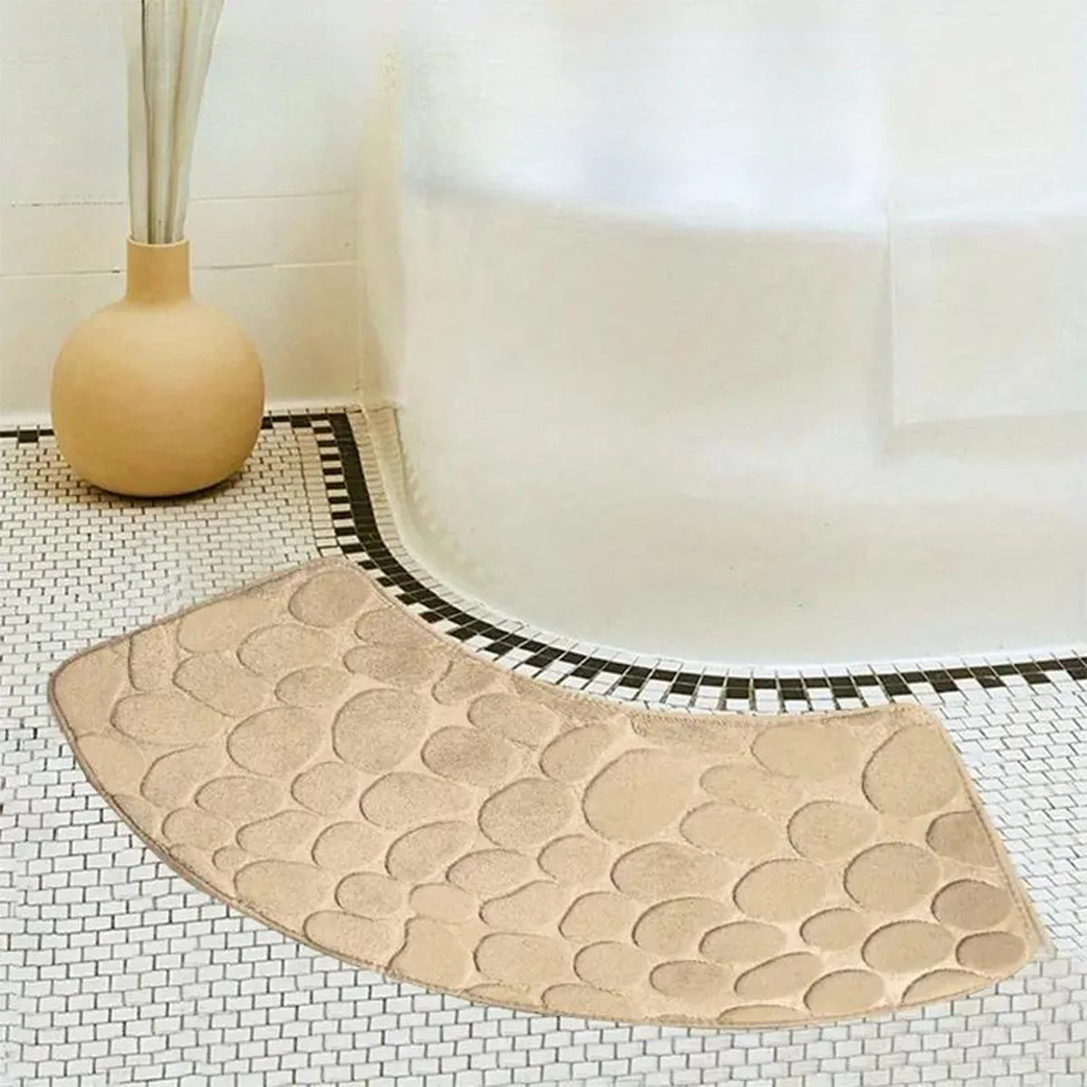 Curved Bath Mat with Anti-Slip Bottom and Pebble Texture for Corner Showers