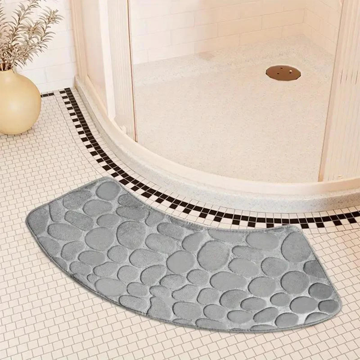 Curved Bath Mat with Anti-Slip Bottom and Pebble Texture for Corner Showers