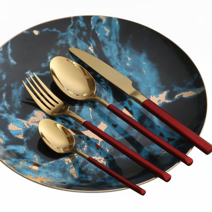 Cutlery Set with Gold Finish and Colored Handles, 16 or 24 Piece