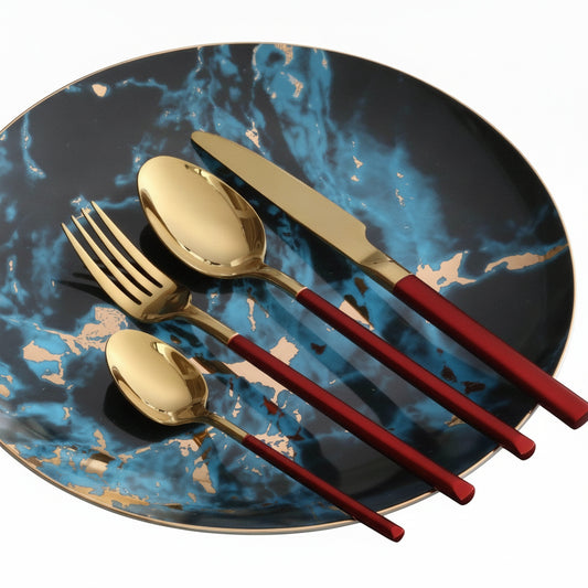 Cutlery Set with Gold Finish and Colored Handles, 16 or 24 Piece