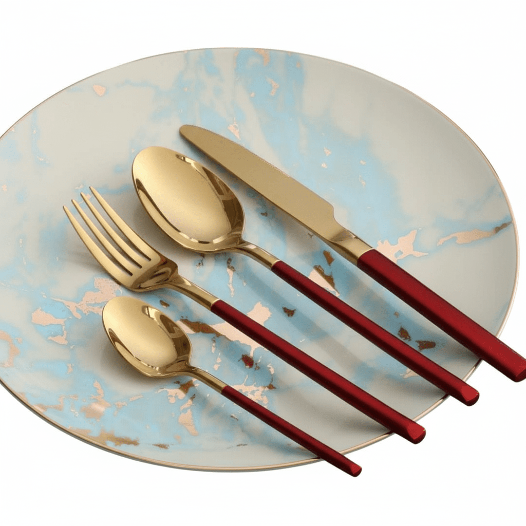 Cutlery Set with Gold Finish and Colored Handles, 16 or 24 Piece