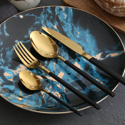Cutlery Set with Gold Finish and Colored Handles, 16 or 24 Piece