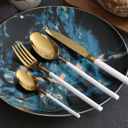 Cutlery Set with Gold Finish and Colored Handles, 16 or 24 Piece