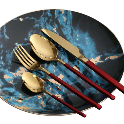 Cutlery Set with Gold Finish and Colored Handles, 16 or 24 Piece