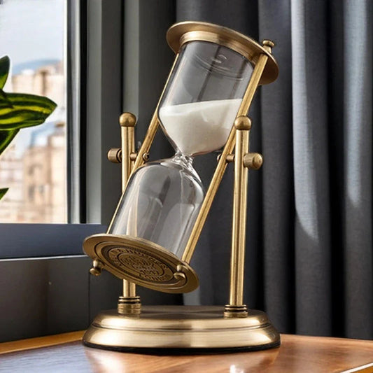 Decorative Hourglass Sand Timer with Rotating Stand in Vintage Brass Style