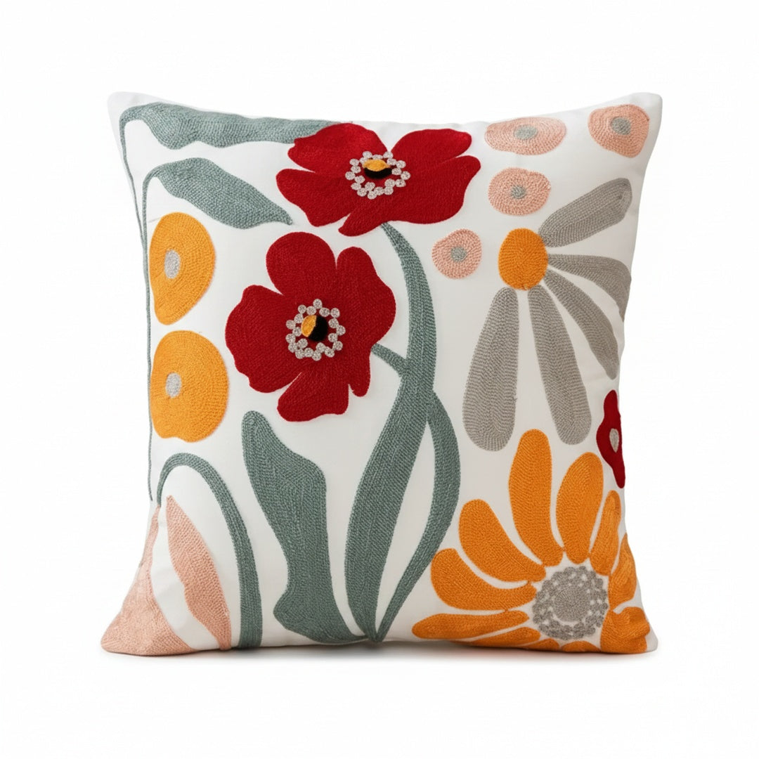 Decorative Throw Pillow Cover with Embroidered Floral Pattern