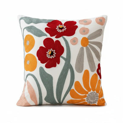 Decorative Throw Pillow Cover with Embroidered Floral Pattern