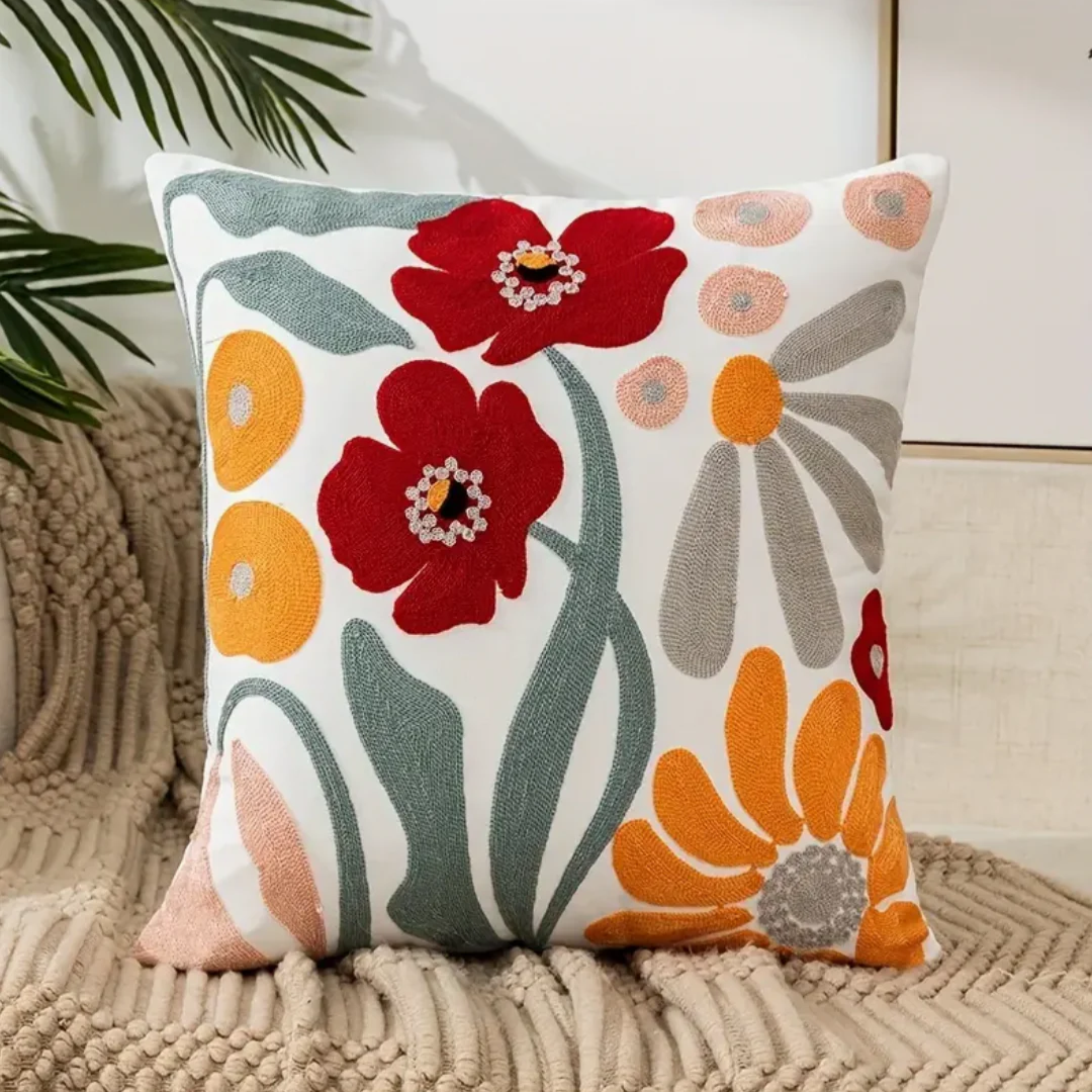 Decorative Throw Pillow Cover with Embroidered Floral Pattern