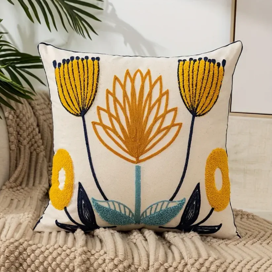 Decorative Throw Pillow Cover with Embroidered Floral Pattern