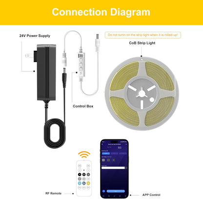 Dimmable COB LED Strip Light with App and Remote Control