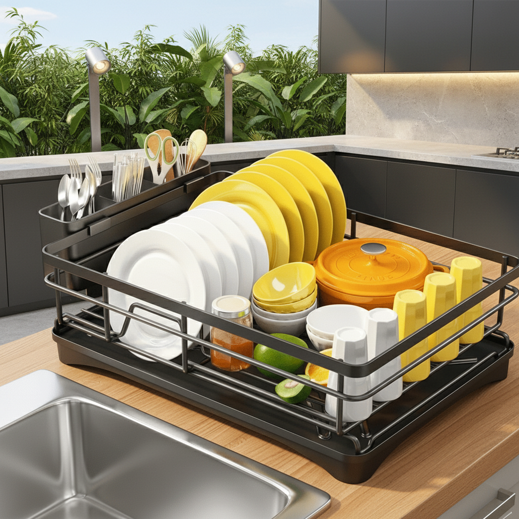 Dish Drying Rack with Integrated Drip Tray