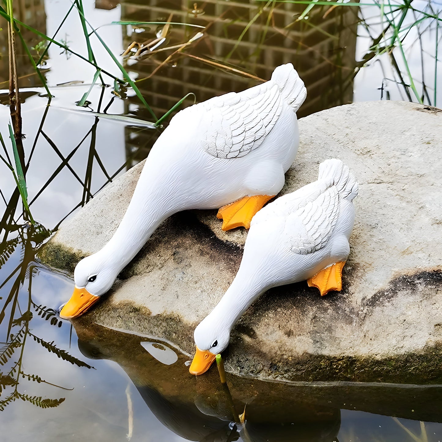 Duck and Goose Garden Figurine Set with Detailed Feather Texture
