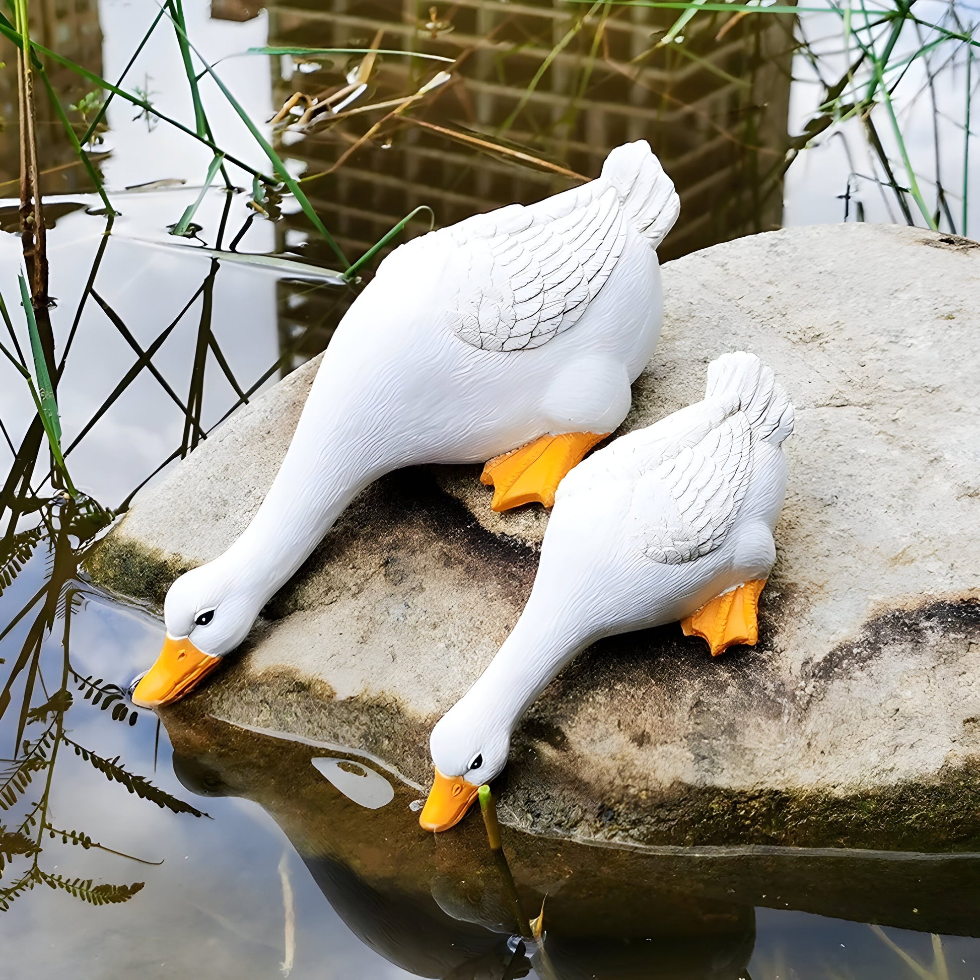 Duck and Goose Garden Figurine Set with Detailed Feather Texture