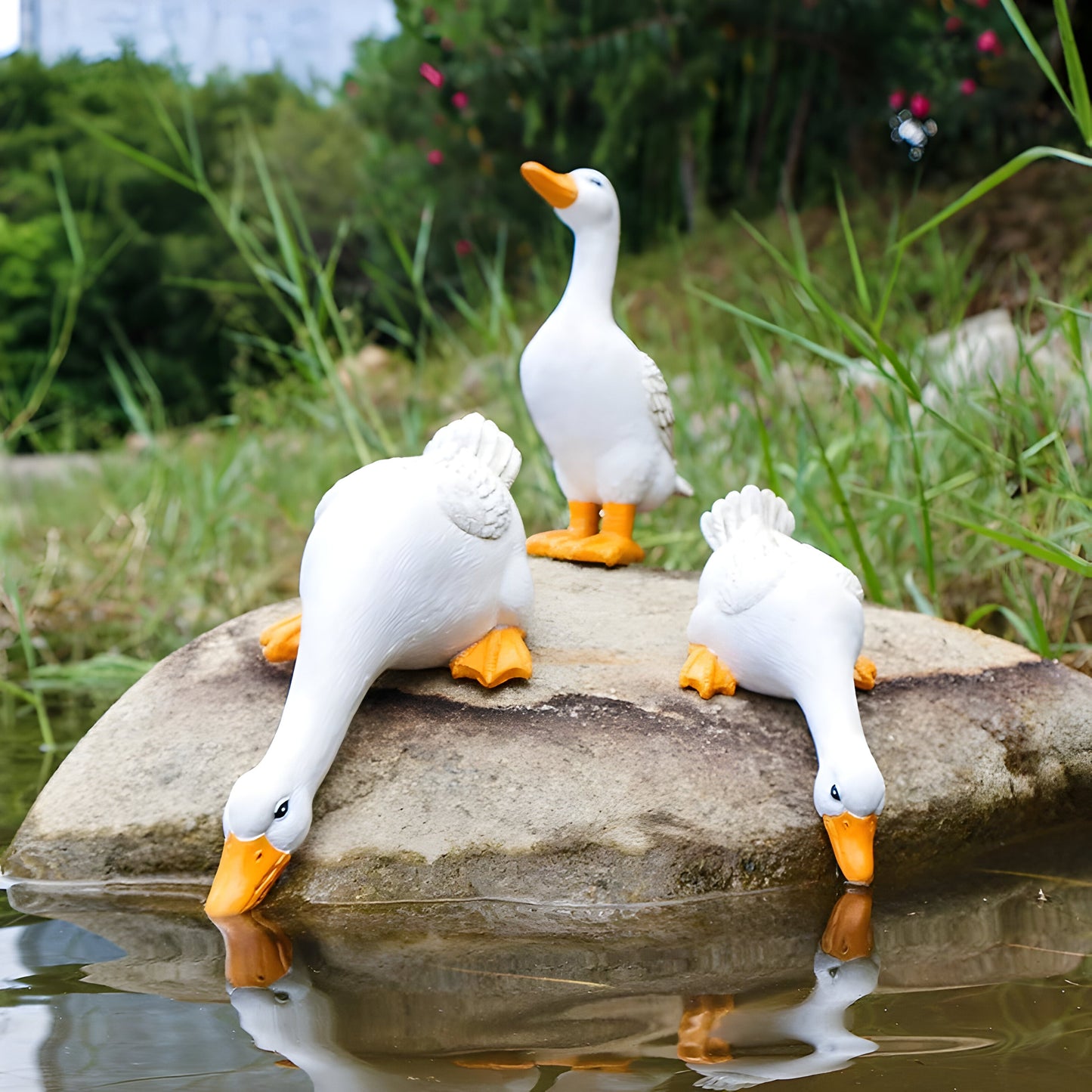 Duck and Goose Garden Figurine Set with Detailed Feather Texture