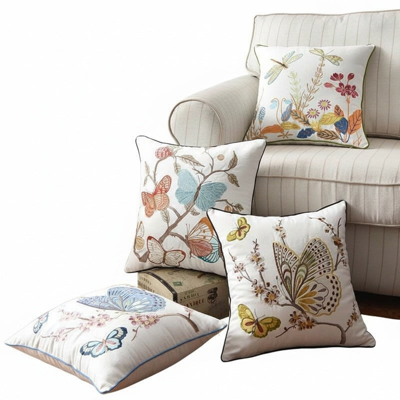 Embroidered Cushion Cover with Floral and Nature Pattern, Bohemian Style