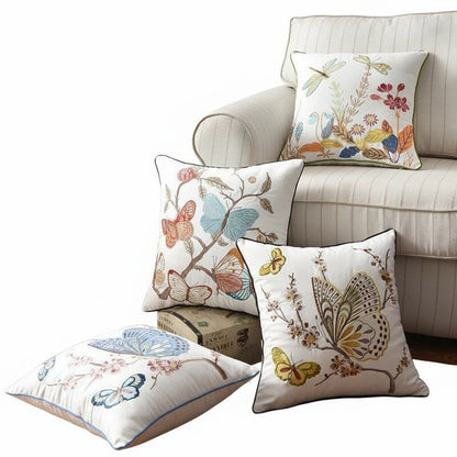 Embroidered Cushion Cover with Floral and Nature Pattern, Bohemian Style