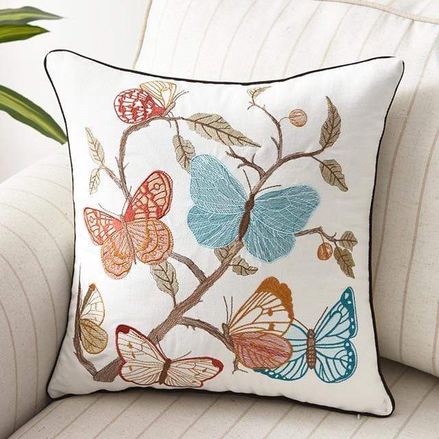 Embroidered Cushion Cover with Floral and Nature Pattern, Bohemian Style