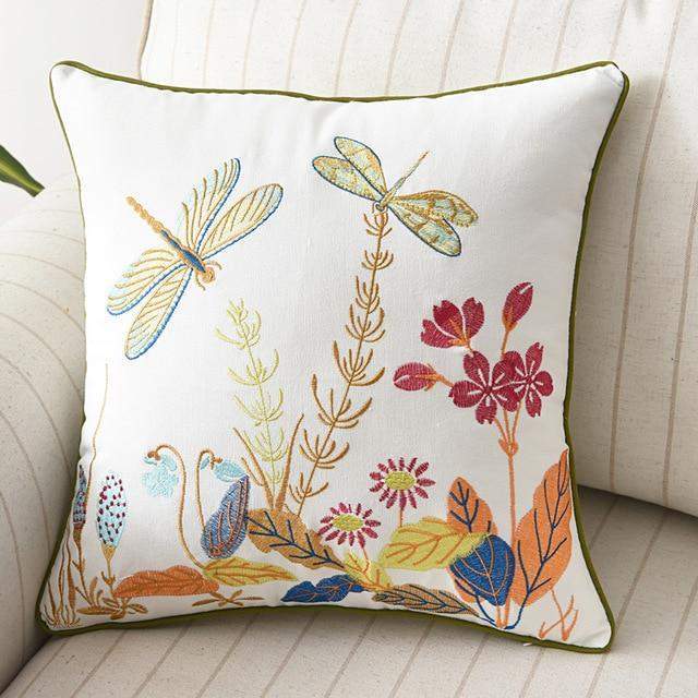 Embroidered Cushion Cover with Floral and Nature Pattern, Bohemian Style