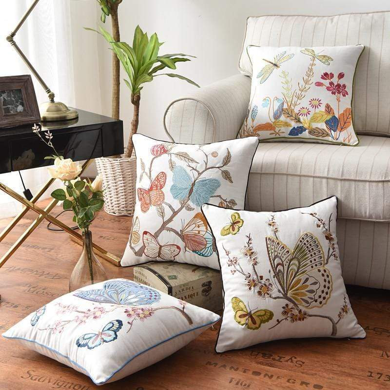 Embroidered Cushion Cover with Floral and Nature Pattern, Bohemian Style