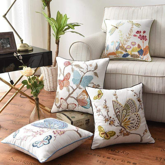Embroidered Cushion Cover with Floral and Nature Pattern, Bohemian Style