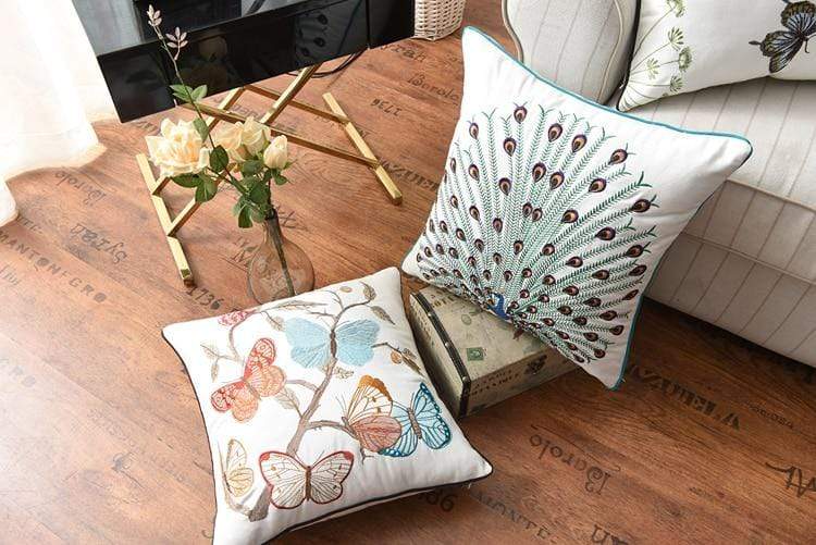 Embroidered Cushion Cover with Floral and Nature Pattern, Bohemian Style