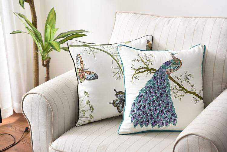Embroidered Cushion Cover with Floral and Nature Pattern, Bohemian Style