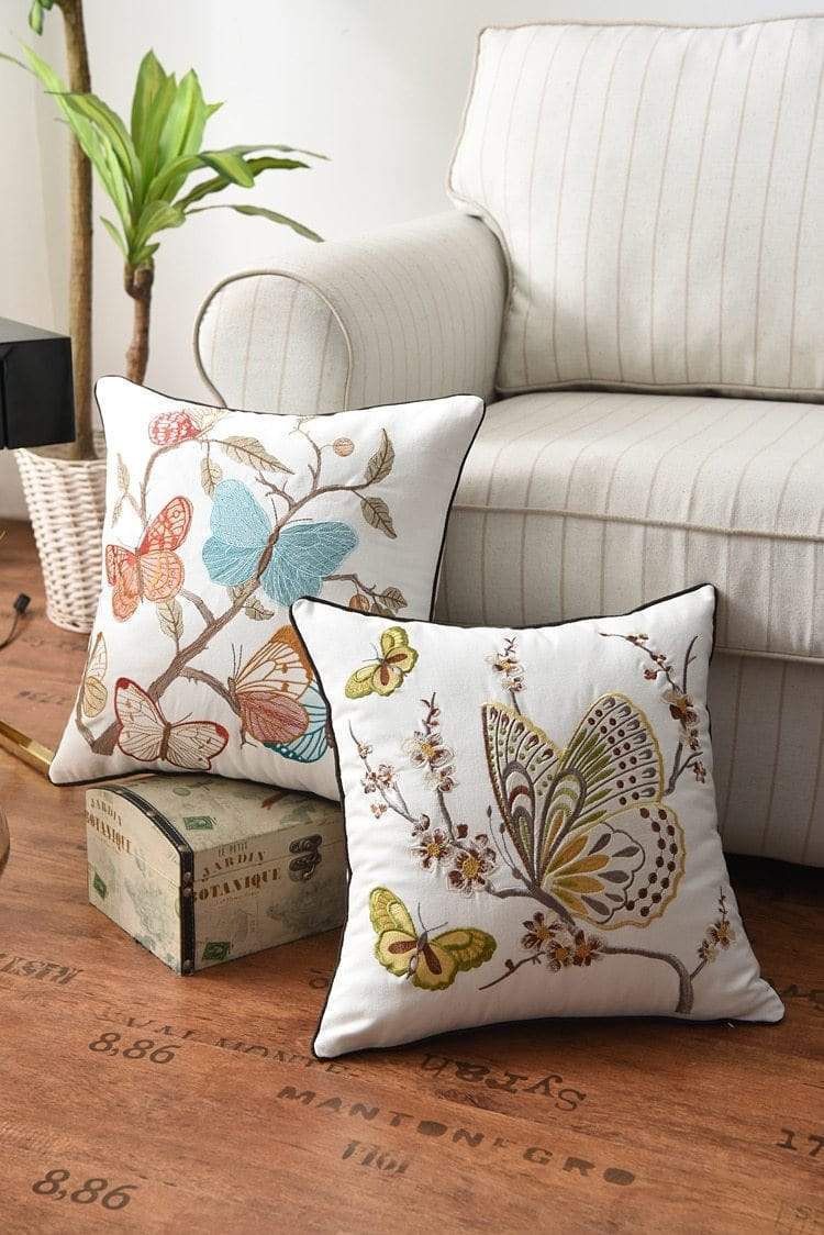 Embroidered Cushion Cover with Floral and Nature Pattern, Bohemian Style