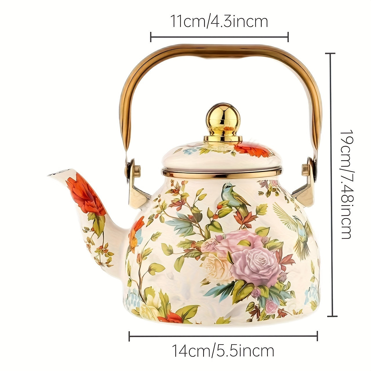 Enamel Tea Kettle with Floral Bird Print and Gold Accents
