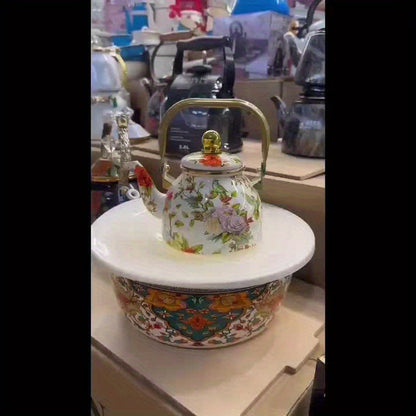 Enamel Tea Kettle with Floral Bird Print and Gold Accents