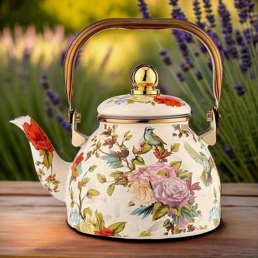 Enamel Tea Kettle with Floral Bird Print and Gold Accents