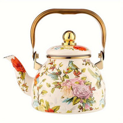 Enamel Tea Kettle with Floral Bird Print and Gold Accents