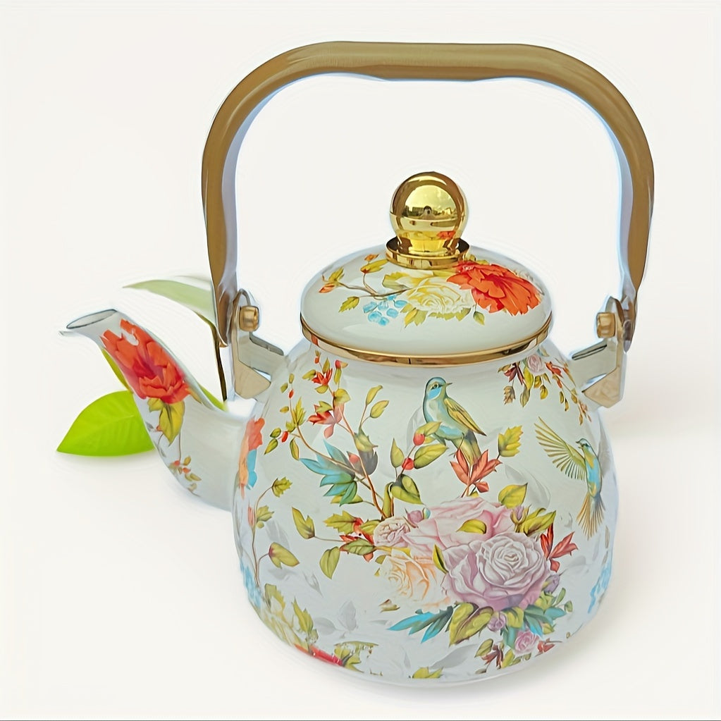 Enamel Tea Kettle with Floral Bird Print and Gold Accents