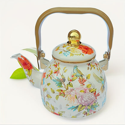 Enamel Tea Kettle with Floral Bird Print and Gold Accents