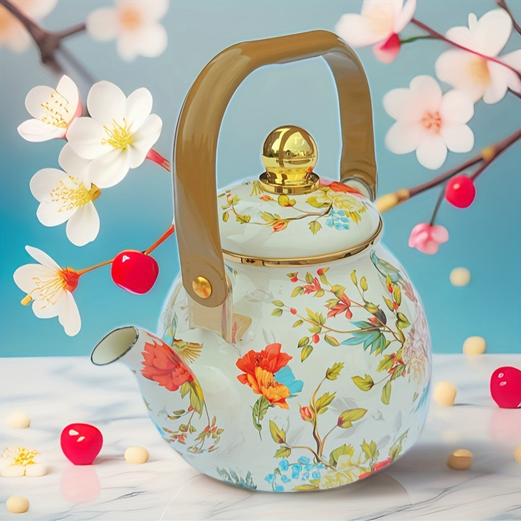 Enamel Tea Kettle with Floral Bird Print and Gold Accents