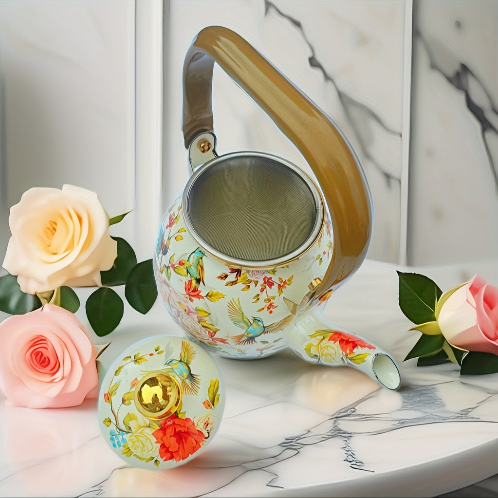 Enamel Tea Kettle with Floral Bird Print and Gold Accents