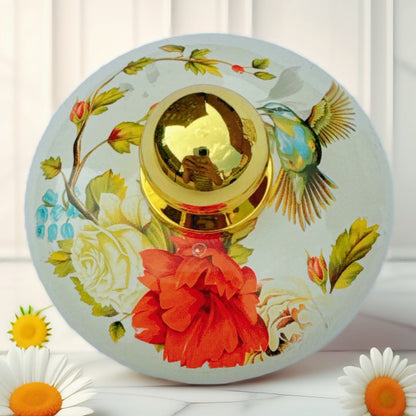 Enamel Tea Kettle with Floral Bird Print and Gold Accents