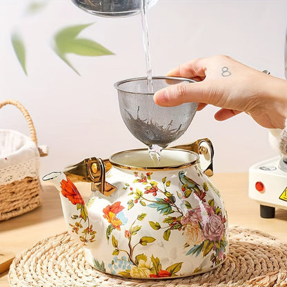 Enamel Tea Kettle with Floral Bird Print and Gold Accents