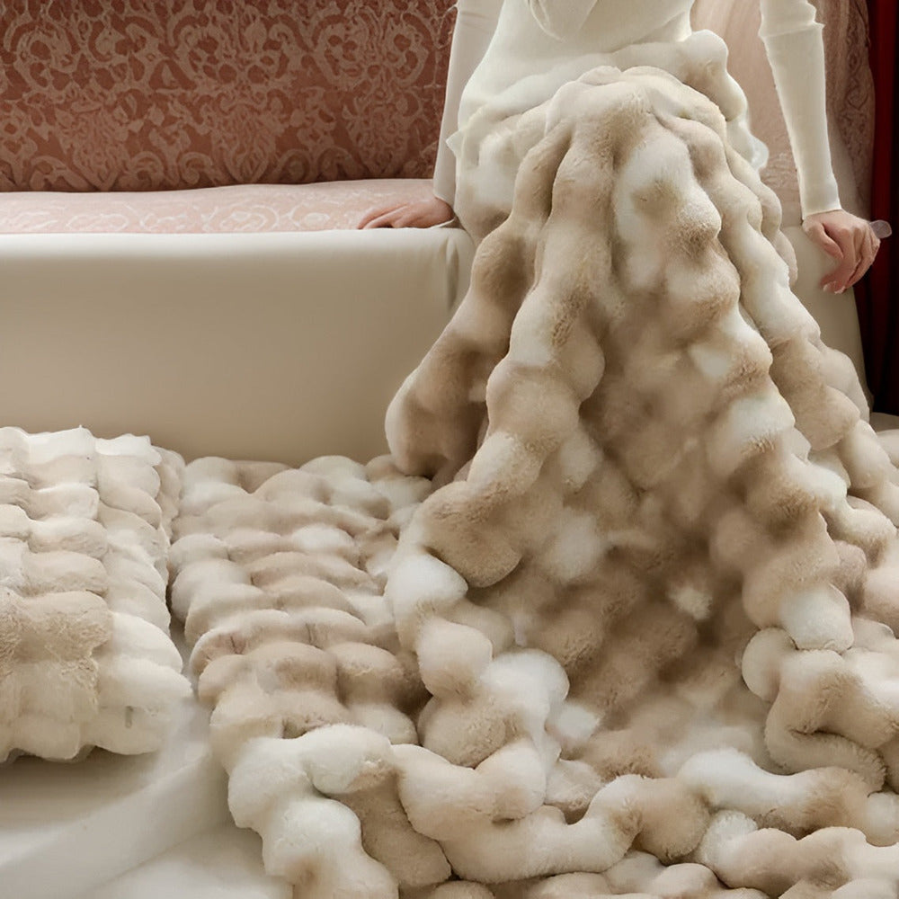 Faux Fur Throw Blanket with Bubble Texture for Sofa and Bed