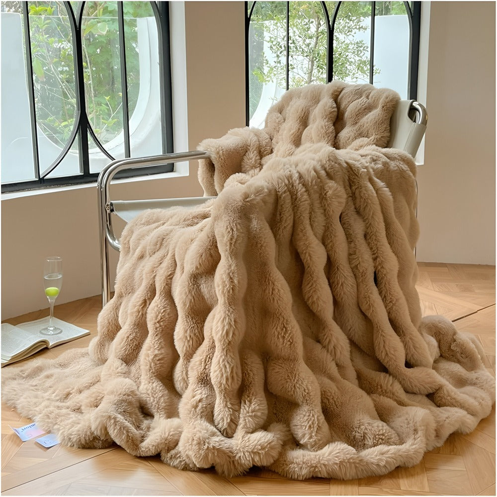 Faux Fur Throw Blanket with Bubble Texture for Sofa and Bed