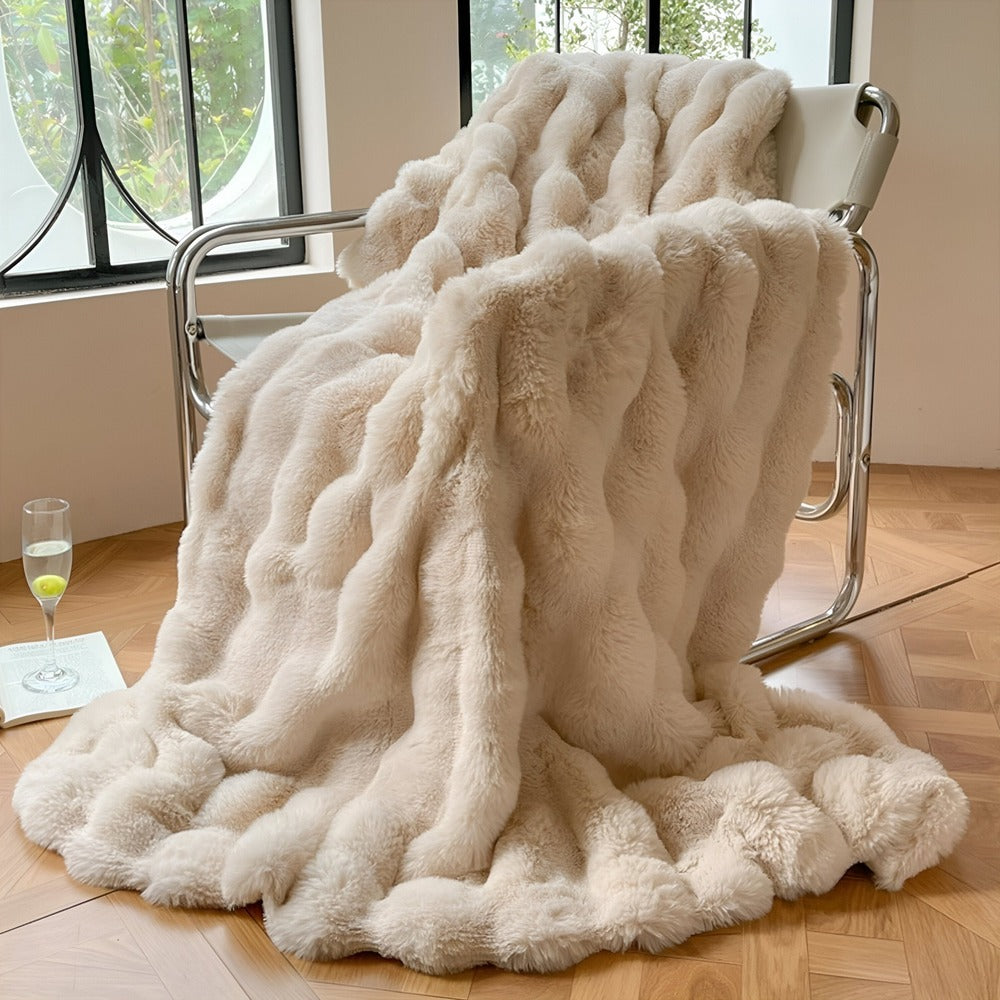 Faux Fur Throw Blanket with Bubble Texture for Sofa and Bed