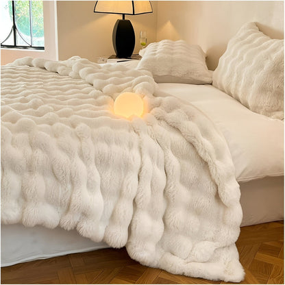 Faux Fur Throw Blanket with Bubble Texture for Sofa and Bed