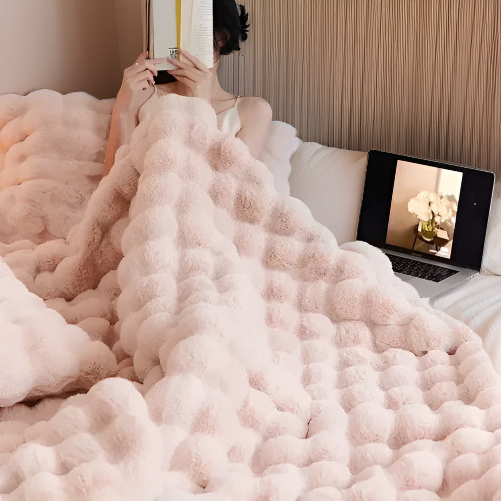 Faux Fur Throw Blanket with Bubble Texture for Sofa and Bed