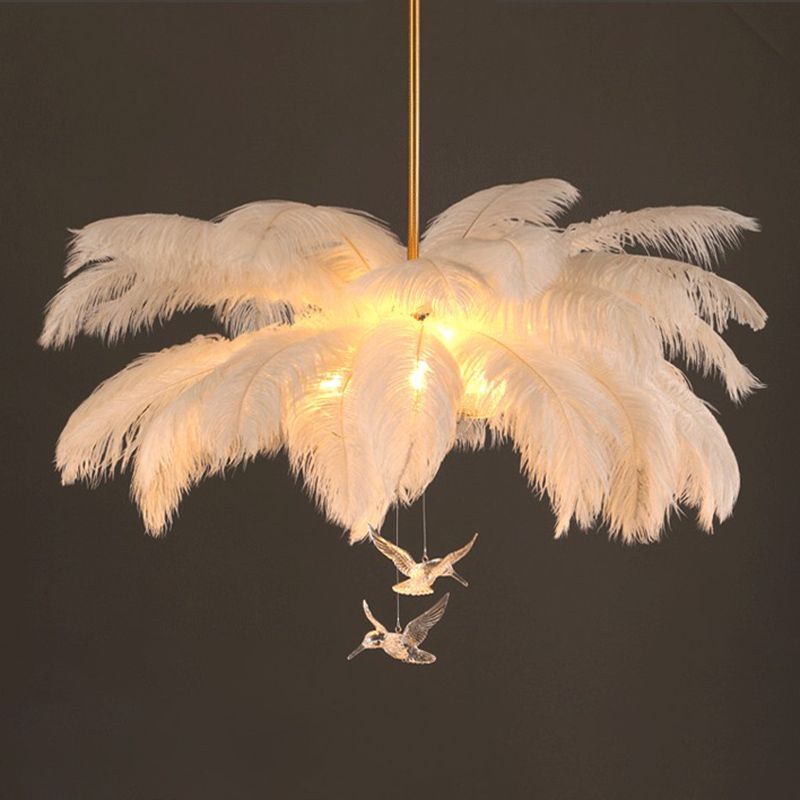 Feather Chandelier Bohemian with Feather Shade and Hanging Bird Ornaments