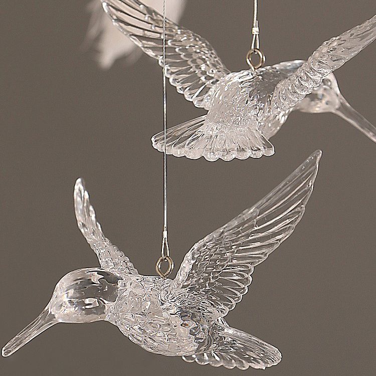 Feather Chandelier Bohemian with Feather Shade and Hanging Bird Ornaments