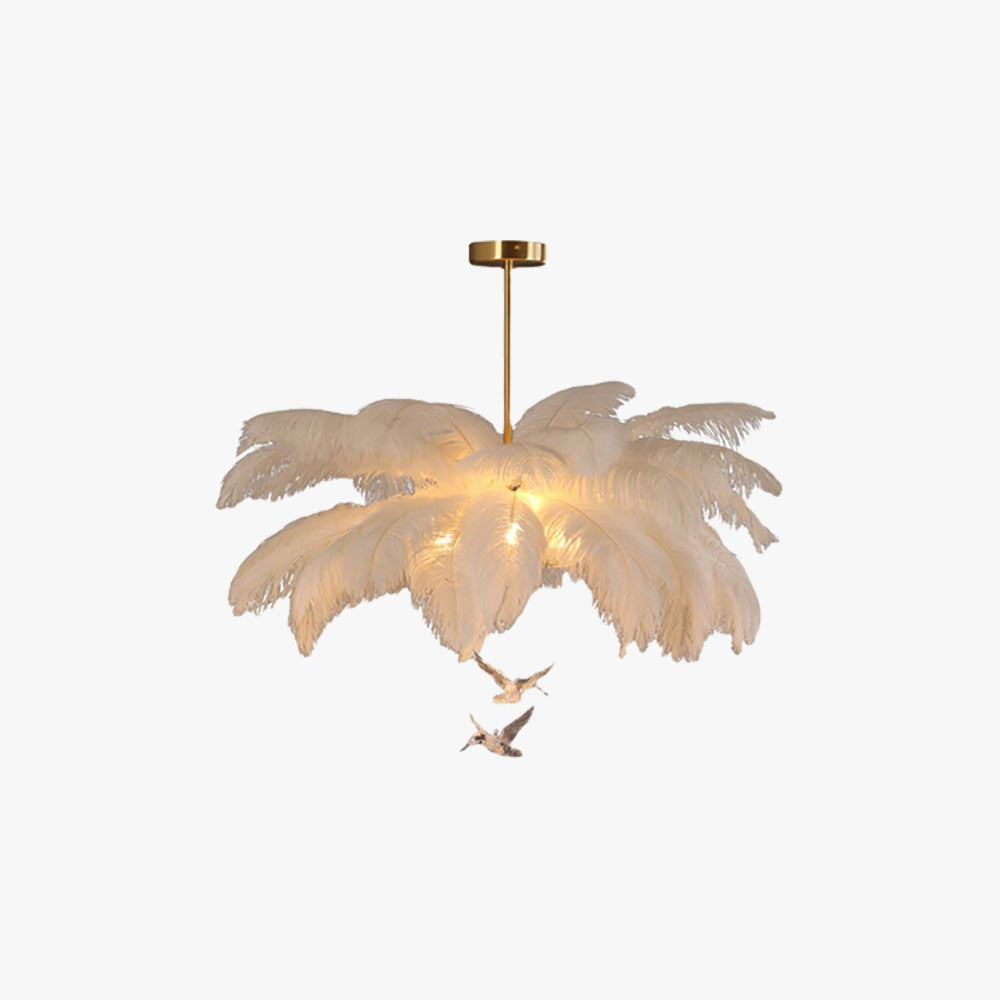 Feather Chandelier Bohemian with Feather Shade and Hanging Bird Ornaments