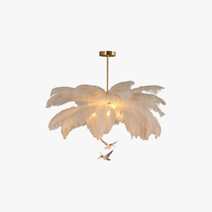 Feather Chandelier Bohemian with Feather Shade and Hanging Bird Ornaments