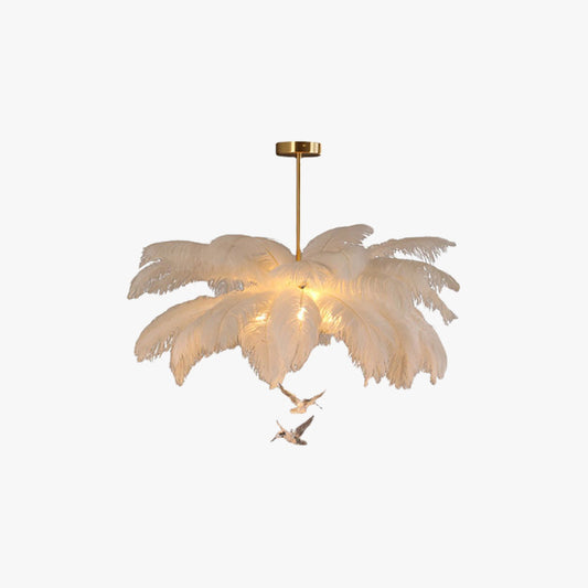 Feather Chandelier Bohemian with Feather Shade and Hanging Bird Ornaments