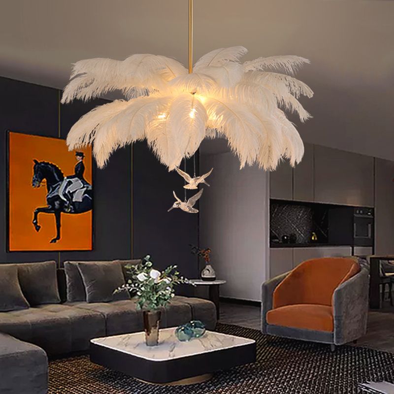 Feather Chandelier Bohemian with Feather Shade and Hanging Bird Ornaments