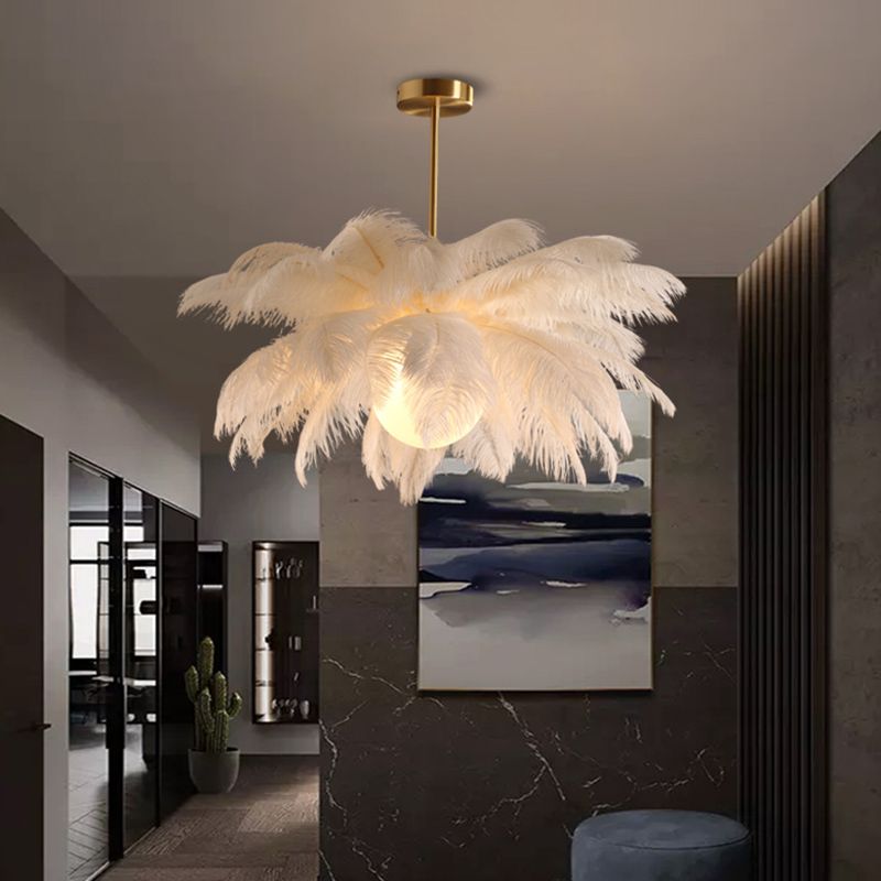 Feather Chandelier Bohemian with Feather Shade and Hanging Bird Ornaments
