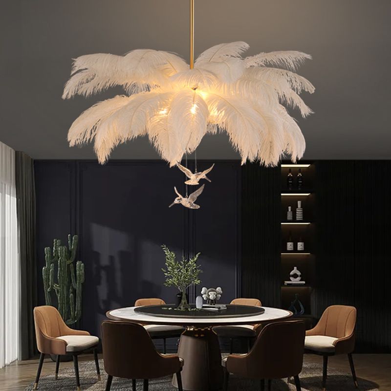 Feather Chandelier Bohemian with Feather Shade and Hanging Bird Ornaments
